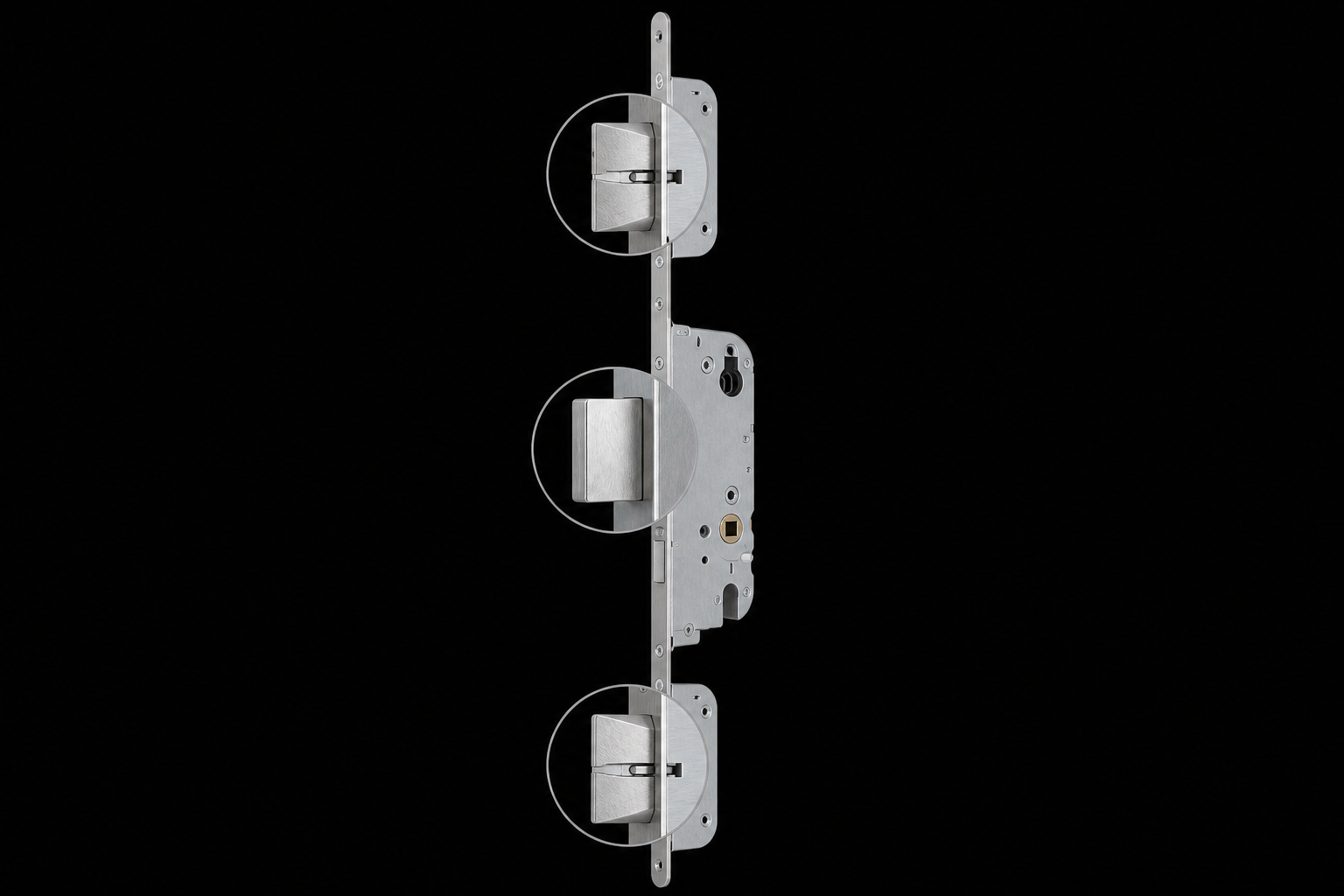 Multipoint door lock mechanism showing top latch, central deadbolt and cylinder, and bottom latch with vertical connecting bar.