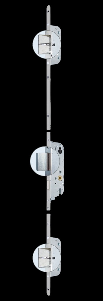 Multipoint door lock mechanism showing top latch, central deadbolt and cylinder, and bottom latch with vertical connecting bar.