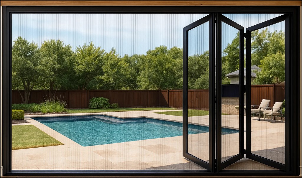 Pleated retractable insect screen on a folding door, view to a backyard pool and patio