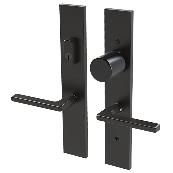 Matte black lever handle sets with cylinder and deadbolt thumb-turn on rectangular backplates