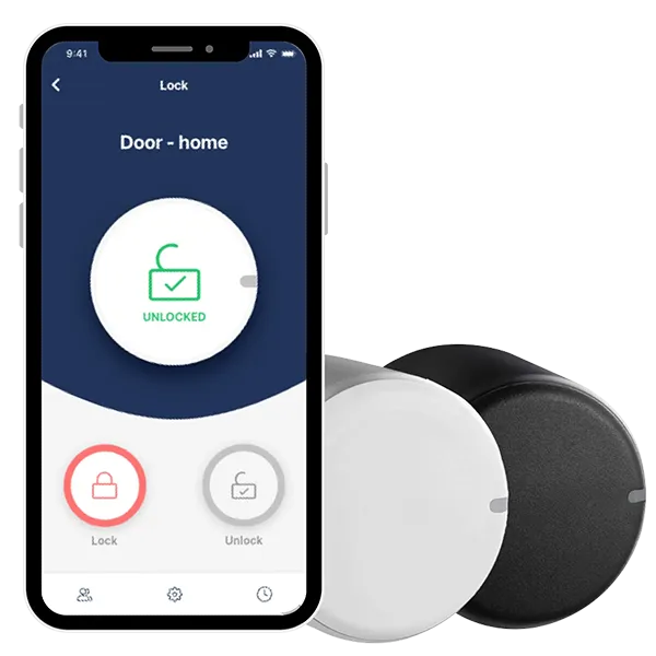 Smartphone app showing door lock status as unlocked, with lock and unlock controls